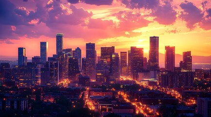 Panoramic Skyline of a Modern City at Sunset with Skyscrapers and Buildings &ndash; Generative AI