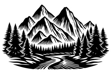 mountain icon vector silhouette with Christmas tree