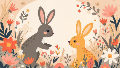 Playful bunnies interacting in floral forest, whimsical adventure