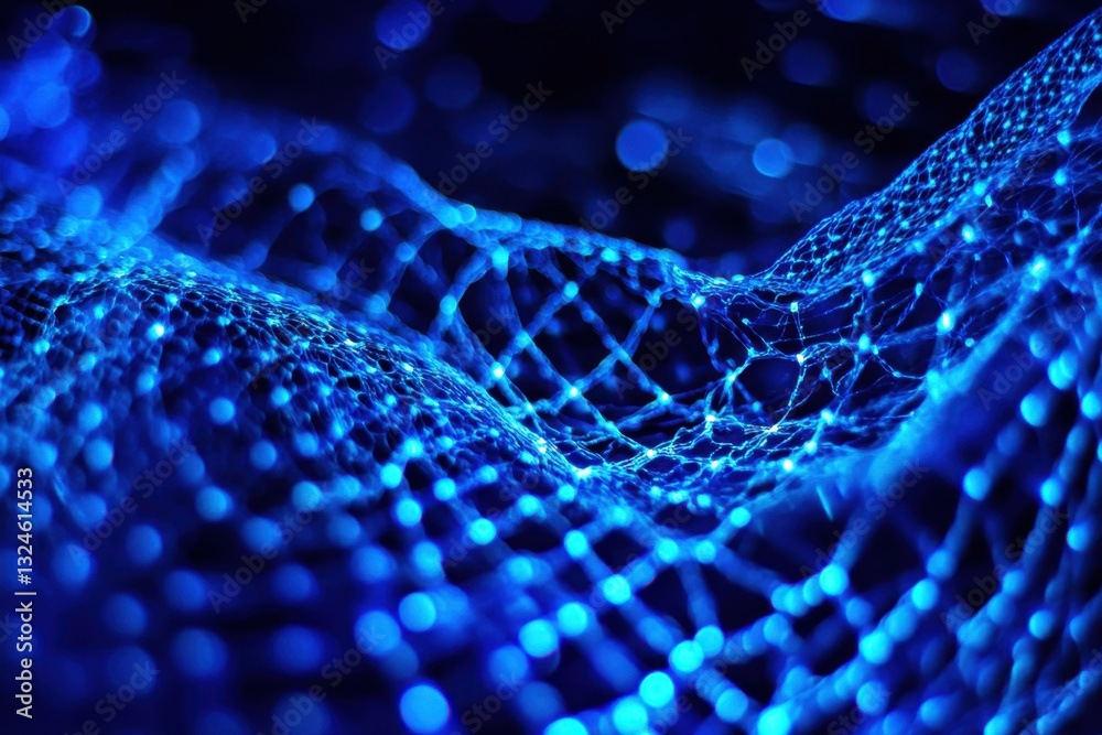 Poster glowing blue mesh undulating against a dark background creates a mesmerizing visual experience, glow