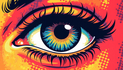 Vibrant pop art third eye illustration with halftone textures, perception