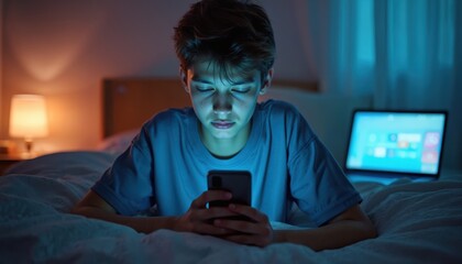 Teenage boy using smartphone in bed at night. Kid scrolls social media, plays game. Addiction to phone. Internet, gadget overuse. Tired child lying awake. Cyber bullying and safety concept.
