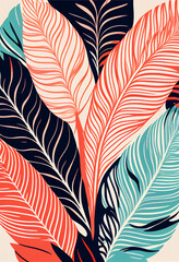 Abstrakcyjna grafika boho – kolorowy wektorowy wzór organiczny, nowoczesna ilustracja artystyczna, styl surrealistyczny, fantazyjne linie, liście i pióra, elegancki design dekoracyjny, harmonia natury