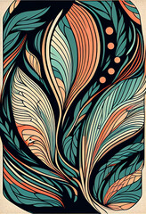 Abstrakcyjna grafika boho – kolorowy wektorowy wzór organiczny, nowoczesna ilustracja artystyczna, styl surrealistyczny, fantazyjne linie, liście i pióra, elegancki design dekoracyjny, harmonia natury