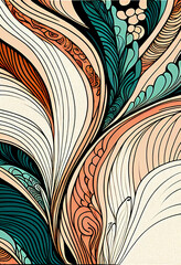 Abstrakcyjna grafika boho – kolorowy wektorowy wzór organiczny, nowoczesna ilustracja artystyczna, styl surrealistyczny, fantazyjne linie, liście i pióra, elegancki design dekoracyjny, harmonia natury