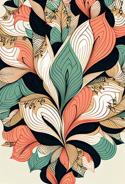 Fototapeta Abstrakcyjna grafika boho – kolorowy wektorowy wzór organiczny, nowoczesna ilustracja artystyczna, styl surrealistyczny, fantazyjne linie, liście i pióra, elegancki design dekoracyjny, harmonia natury