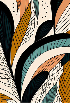 Fototapeta Abstrakcyjna grafika boho – kolorowy wektorowy wzór organiczny, nowoczesna ilustracja artystyczna, styl surrealistyczny, fantazyjne linie, liście i pióra, elegancki design dekoracyjny, harmonia natury