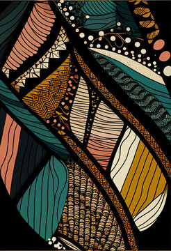 Fototapeta Abstrakcyjna grafika boho – kolorowy wektorowy wzór organiczny, nowoczesna ilustracja artystyczna, styl surrealistyczny, fantazyjne linie, liście i pióra, elegancki design dekoracyjny, harmonia natury