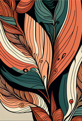 Abstrakcyjna grafika boho – kolorowy wektorowy wzór organiczny, nowoczesna ilustracja artystyczna, styl surrealistyczny, fantazyjne linie, liście i pióra, elegancki design dekoracyjny, harmonia natury