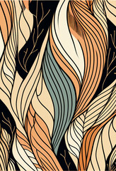 Abstrakcyjna grafika boho – kolorowy wektorowy wzór organiczny, nowoczesna ilustracja artystyczna, styl surrealistyczny, fantazyjne linie, liście i pióra, elegancki design dekoracyjny, harmonia natury