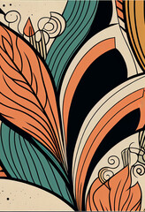 Abstrakcyjna grafika boho – kolorowy wektorowy wzór organiczny, nowoczesna ilustracja artystyczna, styl surrealistyczny, fantazyjne linie, liście i pióra, elegancki design dekoracyjny, harmonia natury