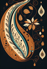 Abstrakcyjna grafika boho – kolorowy wektorowy wzór organiczny, nowoczesna ilustracja artystyczna, styl surrealistyczny, fantazyjne linie, liście i pióra, elegancki design dekoracyjny, harmonia natury
