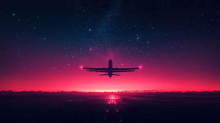 Abstract digital flight plane. The aircraft flies away into distance. Geometric polygonal airplane in the night sky. Airline technology background. Travel and Vacation concept. 3D Vector illustration.