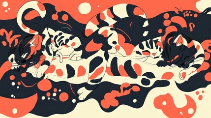Abstract Cats Sleeping in Coral Background