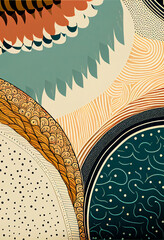 Abstrakcyjna grafika boho – kolorowy wektorowy wzór organiczny, nowoczesna ilustracja artystyczna, styl surrealistyczny, fantazyjne linie, liście i pióra, elegancki design dekoracyjny, harmonia natury