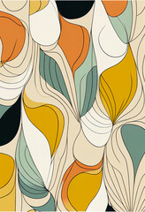 Abstrakcyjna grafika boho – kolorowy wektorowy wzór organiczny, nowoczesna ilustracja artystyczna, styl surrealistyczny, fantazyjne linie, liście i pióra, elegancki design dekoracyjny, harmonia natury