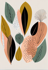 Abstrakcyjna grafika boho – kolorowy wektorowy wzór organiczny, nowoczesna ilustracja artystyczna, styl surrealistyczny, fantazyjne linie, liście i pióra, elegancki design dekoracyjny, harmonia natury