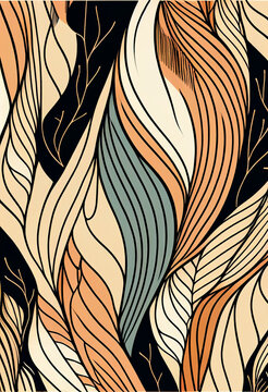 Fototapeta Abstrakcyjna grafika boho – kolorowy wektorowy wzór organiczny, nowoczesna ilustracja artystyczna, styl surrealistyczny, fantazyjne linie, liście i pióra, elegancki design dekoracyjny, harmonia natury