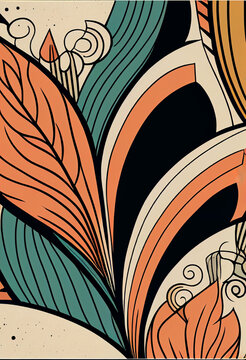 Fototapeta Abstrakcyjna grafika boho – kolorowy wektorowy wzór organiczny, nowoczesna ilustracja artystyczna, styl surrealistyczny, fantazyjne linie, liście i pióra, elegancki design dekoracyjny, harmonia natury