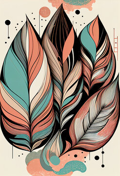 Fototapeta Abstrakcyjna grafika boho – kolorowy wektorowy wzór organiczny, nowoczesna ilustracja artystyczna, styl surrealistyczny, fantazyjne linie, liście i pióra, elegancki design dekoracyjny, harmonia natury