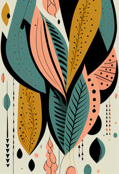 Fototapeta Abstrakcyjna grafika boho – kolorowy wektorowy wzór organiczny, nowoczesna ilustracja artystyczna, styl surrealistyczny, fantazyjne linie, liście i pióra, elegancki design dekoracyjny, harmonia natury