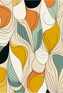 Fototapeta Abstrakcyjna grafika boho – kolorowy wektorowy wzór organiczny, nowoczesna ilustracja artystyczna, styl surrealistyczny, fantazyjne linie, liście i pióra, elegancki design dekoracyjny, harmonia natury