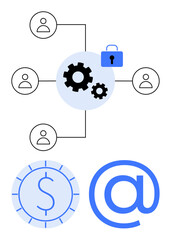 Gear and padlock symbolizing secure connections. User icons linked in a network. Dollar and email concept. Ideal for data security, encryption, collaboration, finance, email communication, digital