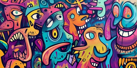 Colorful graffiti-inspired psychedelic doodle art, filled with abstract faces, quirky monsters, and fluid linework.