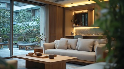 Fototapeta premium Modern Minimalist Living Room Design with Garden View