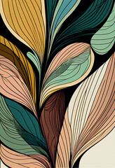 Abstrakcyjna grafika boho – kolorowy wektorowy wzór organiczny, nowoczesna ilustracja artystyczna, styl surrealistyczny, fantazyjne linie, liście i pióra, elegancki design dekoracyjny, harmonia natury