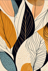 Abstrakcyjna grafika boho – kolorowy wektorowy wzór organiczny, nowoczesna ilustracja artystyczna, styl surrealistyczny, fantazyjne linie, liście i pióra, elegancki design dekoracyjny, harmonia natury