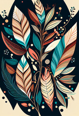 Abstrakcyjna grafika boho – kolorowy wektorowy wzór organiczny, nowoczesna ilustracja artystyczna, styl surrealistyczny, fantazyjne linie, liście i pióra, elegancki design dekoracyjny, harmonia natury