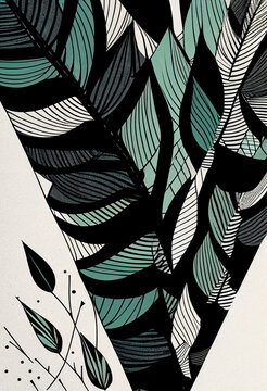 Fototapeta Abstrakcyjna grafika boho – kolorowy wektorowy wzór organiczny, nowoczesna ilustracja artystyczna, styl surrealistyczny, fantazyjne linie, liście i pióra, elegancki design dekoracyjny, harmonia natury