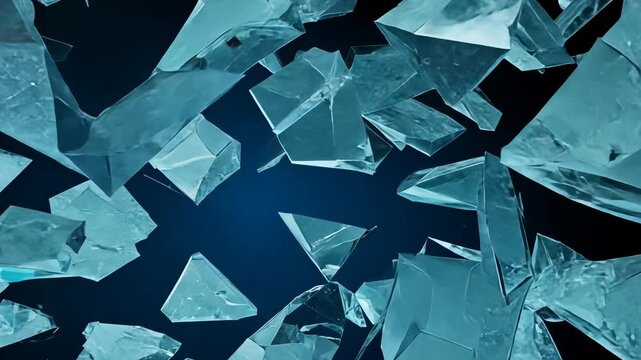 Transition of shattering glass pieces in dynamic blue background