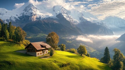 Serene Swiss Chalet nestled amidst majestic Alps, a picturesque landscape bathed in golden sunlight.