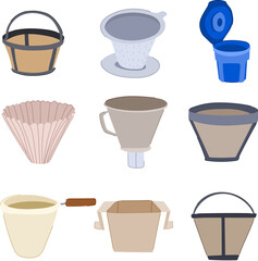 reusable coffee filter set cartoon vector illustration