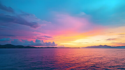 Vibrant Sunset Sky Over Calm Water Reflecting Colorful Hues Creating Tranquil Landscape Scene