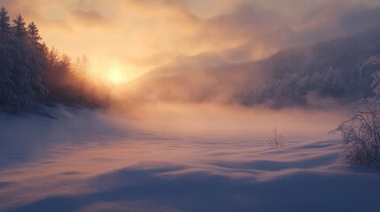 A beautiful snowy landscape with sunlight breaking through the fog