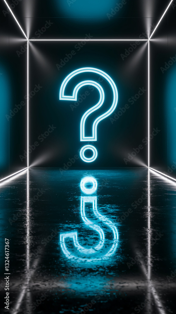 Poster Neon question mark in dark room with reflective floor, creating a mysterious and inquisitive atmosphere, suitable for websites or presentations needing a dramatic effect
