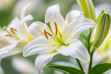 Obraz premium A bee collecting pollen from a white lily, with its tiny legs dusted in yellow pollen