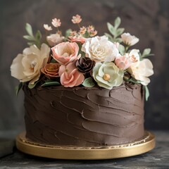 Beautifully decorated chocolate cake with gentle green and pink floral accents perfect for celebrations and special occasions