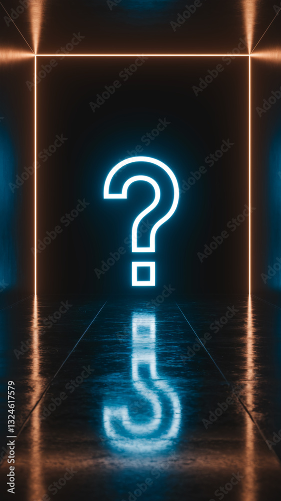 Poster Neon question mark in a dark room with orange and blue lighting, reflecting on the glossy floor, creating a mysterious and intriguing atmosphere, suitable for various concepts