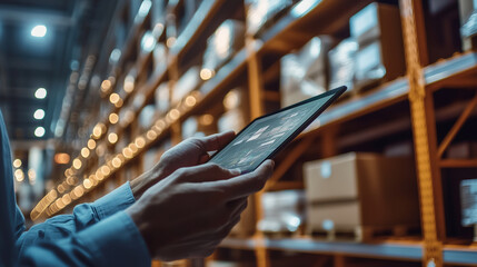 Modern logistics hub, worker using tablet for inventory management, towering shelves, bright LED lighting, sleek digital interfaces.