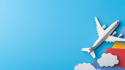 White Airplane Soaring Over Colorful Paper Clouds in a Vibrant Blue Sky Depicting Air Travel