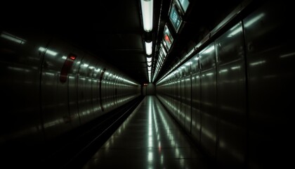 Fototapeta premium The subway tunnel was dimly lit, casting dramatic shadows that danced along the walls as the flickering lights overhead created mesmerizing reflections on the slick, damp surfaces.