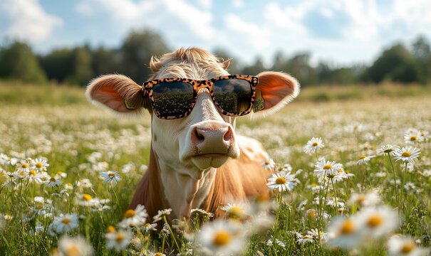 a cow wearing sunglasses and lying in a field of daisies, with the sun shining brightly in the background. The cow's expression is both playful and confident, as it basks in the warm summer day