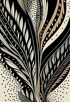 Fototapeta Abstrakcyjna grafika boho – kolorowy wektorowy wzór organiczny, nowoczesna ilustracja artystyczna, styl surrealistyczny, fantazyjne linie, liście i pióra, elegancki design dekoracyjny, harmonia natury