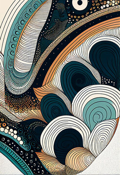 Fototapeta Abstrakcyjna grafika boho – kolorowy wektorowy wzór organiczny, nowoczesna ilustracja artystyczna, styl surrealistyczny, fantazyjne linie, liście i pióra, elegancki design dekoracyjny, harmonia natury