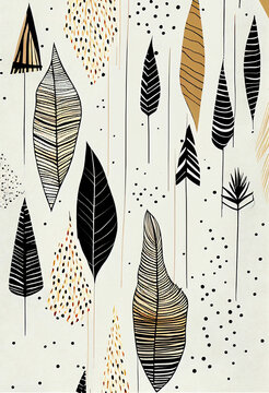 Fototapeta Abstrakcyjna grafika boho – kolorowy wektorowy wzór organiczny, nowoczesna ilustracja artystyczna, styl surrealistyczny, fantazyjne linie, liście i pióra, elegancki design dekoracyjny, harmonia natury