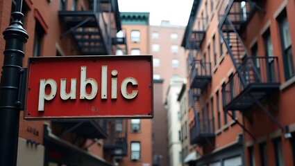 he buildings have fire escapes and windows with black frames. A red sign with the word "public" in white letters is mounted on a black pole in the foreground. 